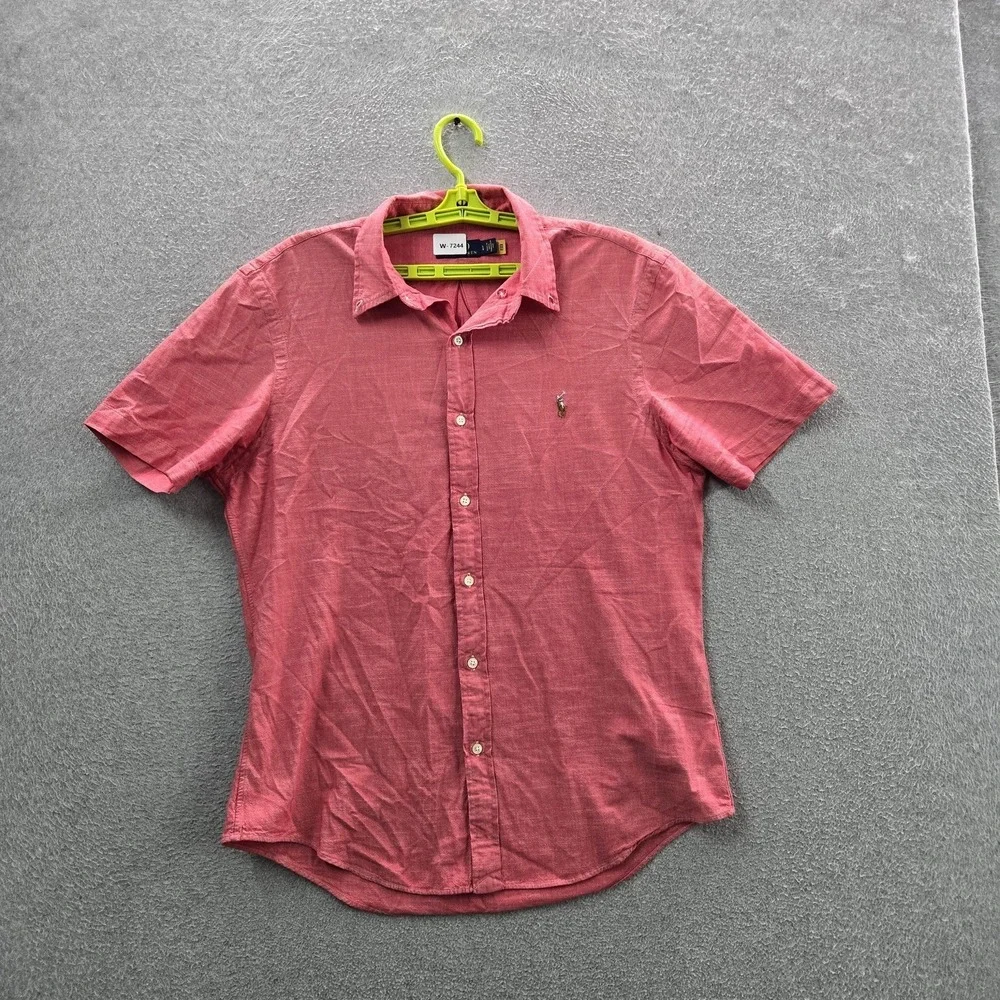 Polo Ralph Lauren Men Button Up Shirt L Red Embroidered Slim Short Sleeve
